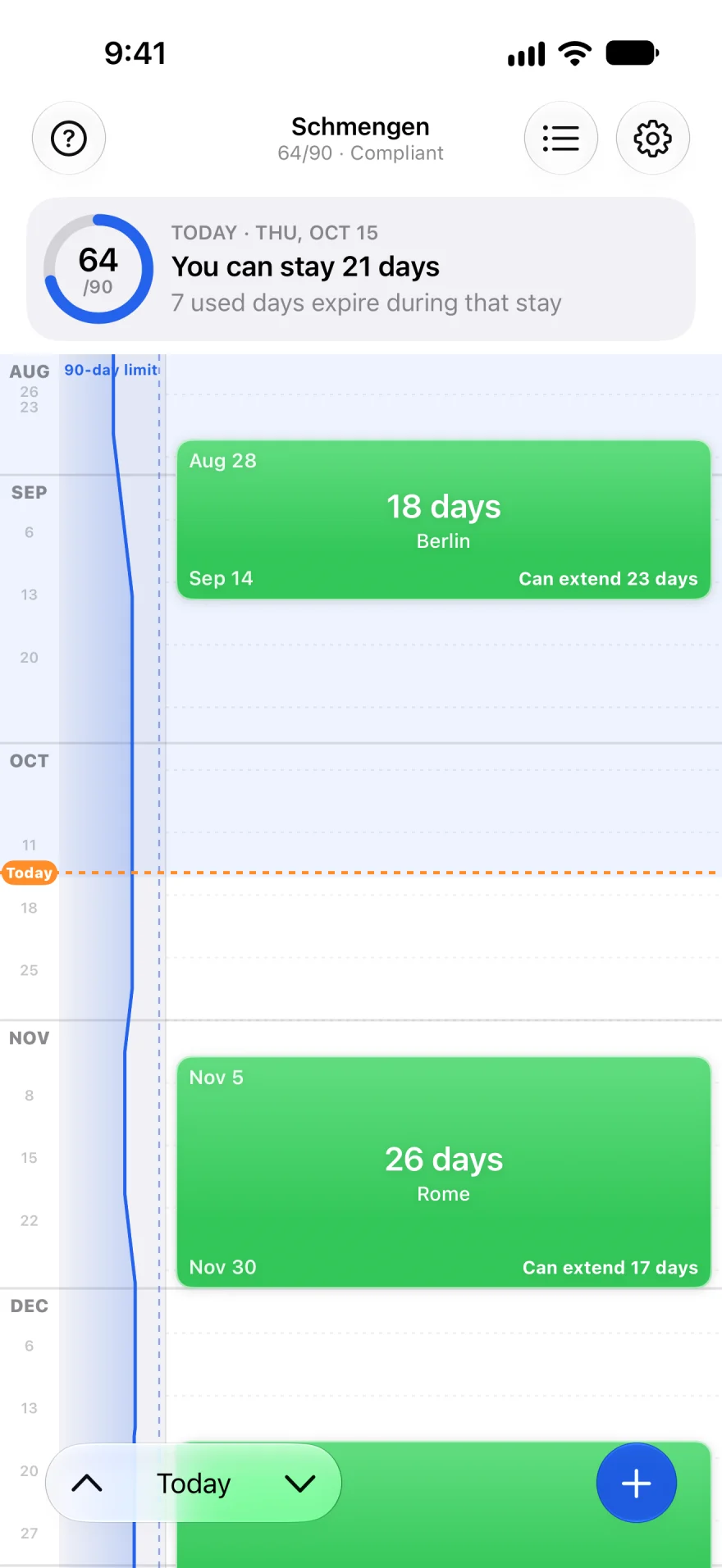 Schmengen on iPhone: 64 of 90 days used, and a timeline of trips showing you can stay 21 more days.