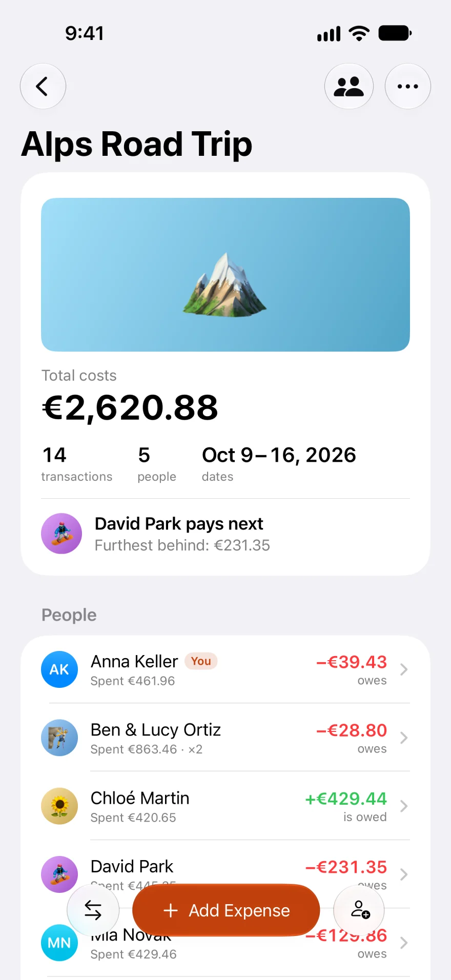 Splitnik on iPhone: an Alps road trip at €2,620.88 in total, with David Park paying next and everyone’s balance.